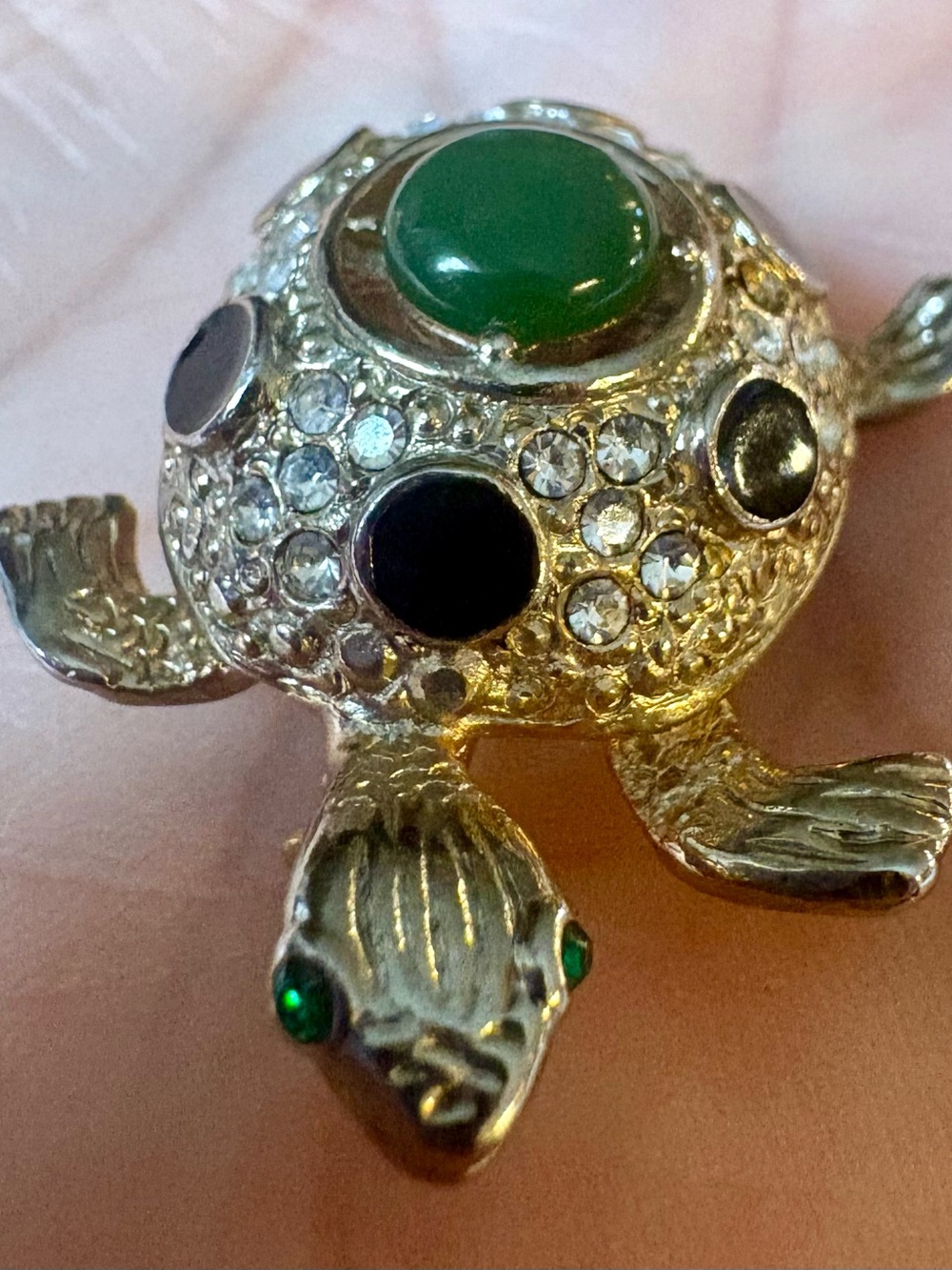 Retro Gold Turtle Reptile Brooch with Green Accents